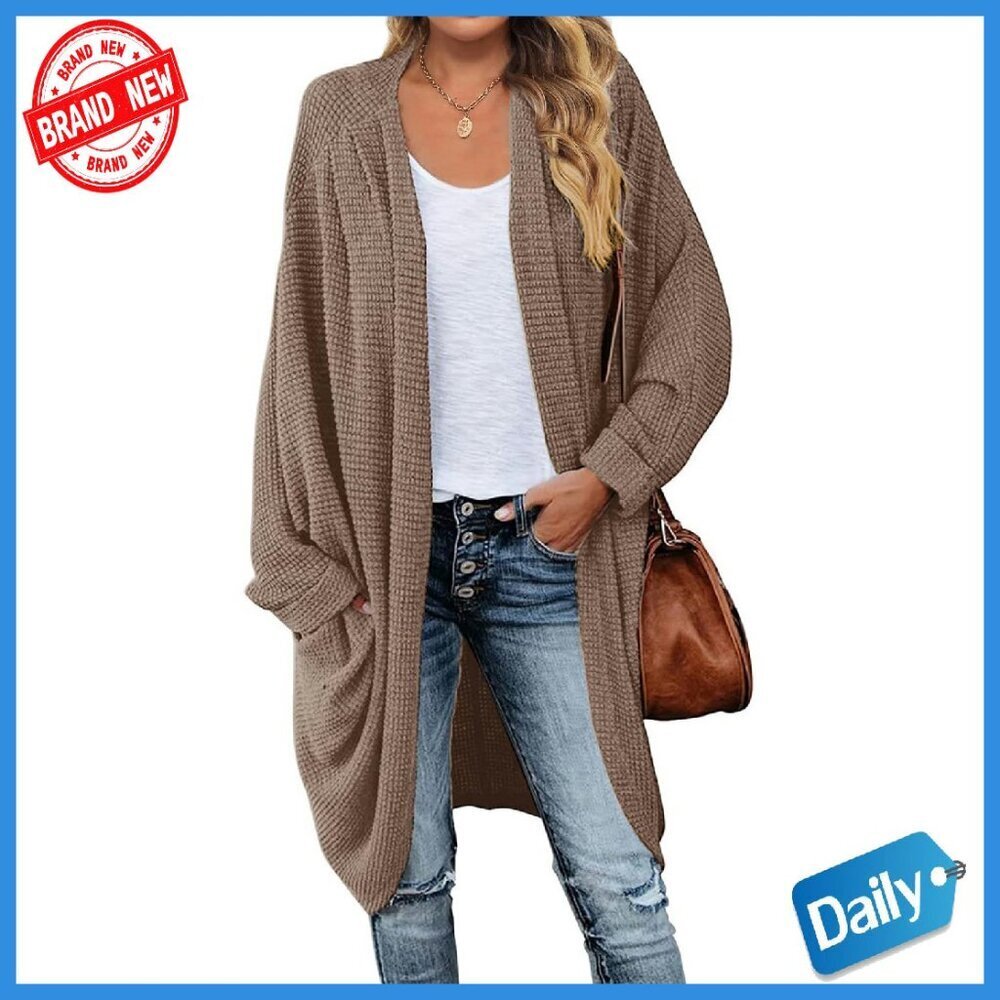 Oversized Waffle Knit Cardigan Batwing Sleeves Loose Fit Sweater Coat